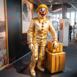 Gold Clown mascot costume character dressed with a Bodysuit and Briefcases