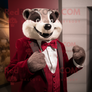 Maroon Badger mascot costume character dressed with a Blazer and Bow ties