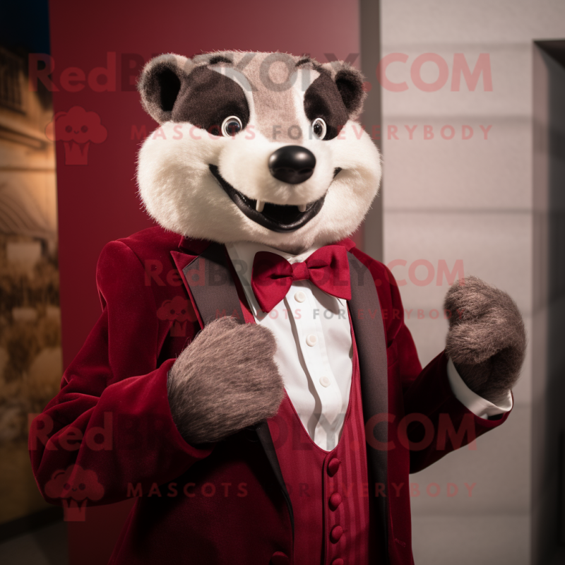 Maroon Badger mascot costume character dressed with a Blazer and Bow ties Maroon Badger mascot costume character dressed with a Blazer and Bow ties