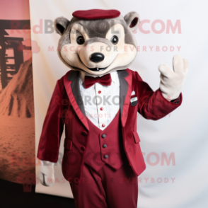 Maroon Badger mascot costume character dressed with a Blazer and Bow ties