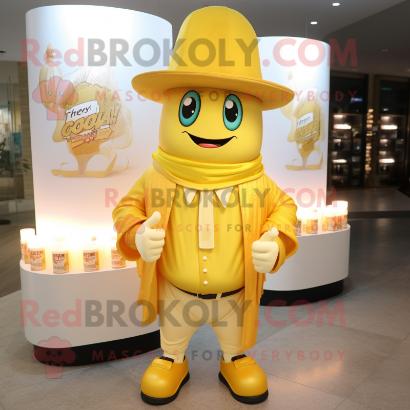 Gold Scented Candle mascot costume character dressed with a Bermuda Shorts and Hats Gold Scented Candle mascot costume character dressed with a Bermuda Shorts and Hats