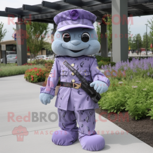 Lavender American Soldier mascot costume character dressed with a Dress Pants and Necklaces