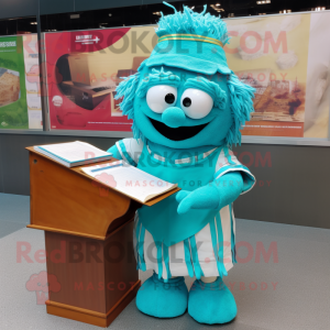Turquoise Lasagna mascot costume character dressed with a Culottes and Reading glasses
