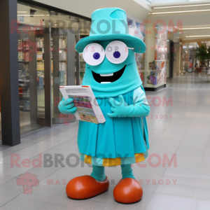 Turquoise Lasagna mascot costume character dressed with a Culottes and Reading glasses