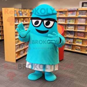 Turquoise Lasagna mascot costume character dressed with a Culottes and Reading glasses