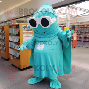 Turquoise Lasagna mascot costume character dressed with a Culottes and Reading glasses
