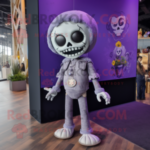 Lavender Skull mascot costume character dressed with a Romper and Hairpins