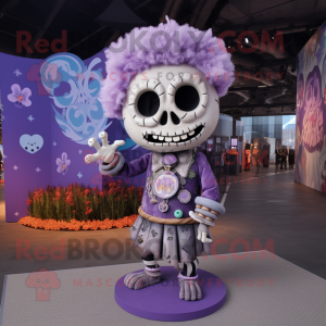 Lavender Skull mascot costume character dressed with a Romper and Hairpins