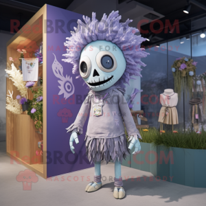 Lavender Skull mascot costume character dressed with a Romper and Hairpins