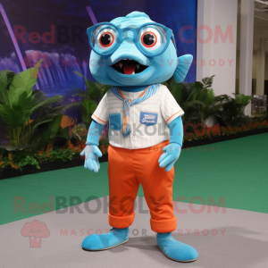 Sky Blue Salmon mascot costume character dressed with a Bermuda Shorts and Reading glasses