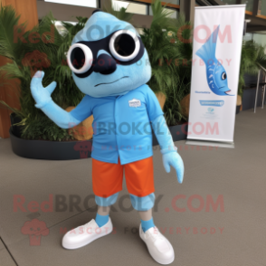 Sky Blue Salmon mascot costume character dressed with a Bermuda Shorts and Reading glasses