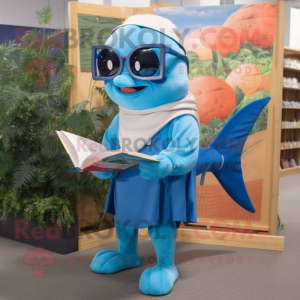 Sky Blue Salmon mascot costume character dressed with a Bermuda Shorts and Reading glasses