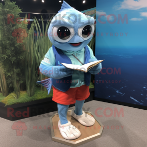 Sky Blue Salmon mascot costume character dressed with a Bermuda Shorts and Reading glasses