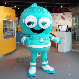 Turquoise Astronaut mascot costume character dressed with a Waistcoat and Eyeglasses