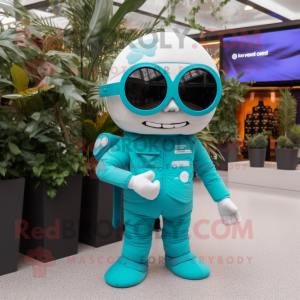 Turquoise Astronaut mascot costume character dressed with a Waistcoat and Eyeglasses