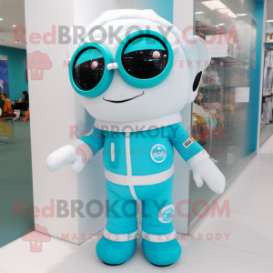 Turquoise Astronaut mascot costume character dressed with a Waistcoat and Eyeglasses