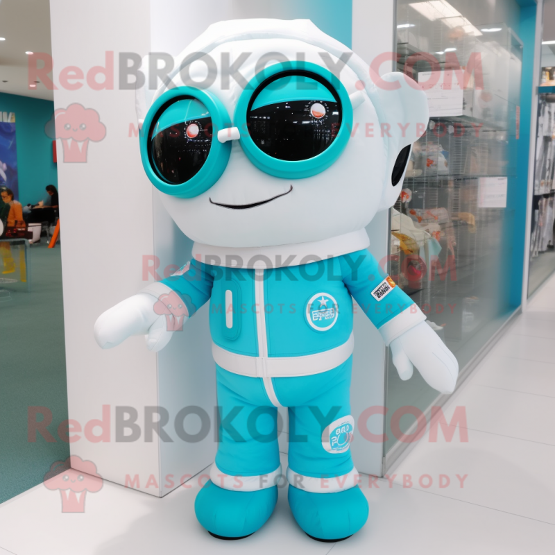 Turquoise Astronaut mascot costume character dressed with a Waistcoat and Eyeglasses Turquoise Astronaut mascot costume character dressed with a Waistcoat and Eyeglasses