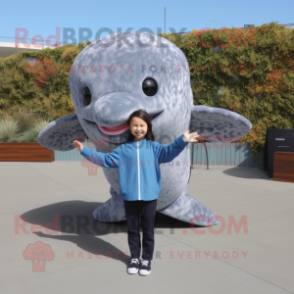 Gray Whale mascot costume character dressed with a Long Sleeve Tee and Hair clips