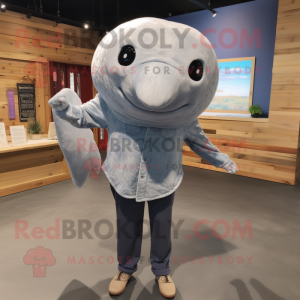 Gray Whale mascot costume character dressed with a Long Sleeve Tee and Hair clips