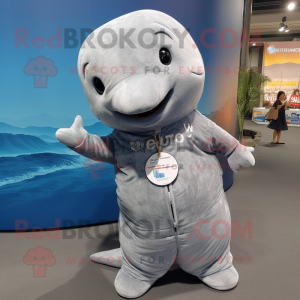 Gray Whale mascot costume character dressed with a Long Sleeve Tee and Hair clips