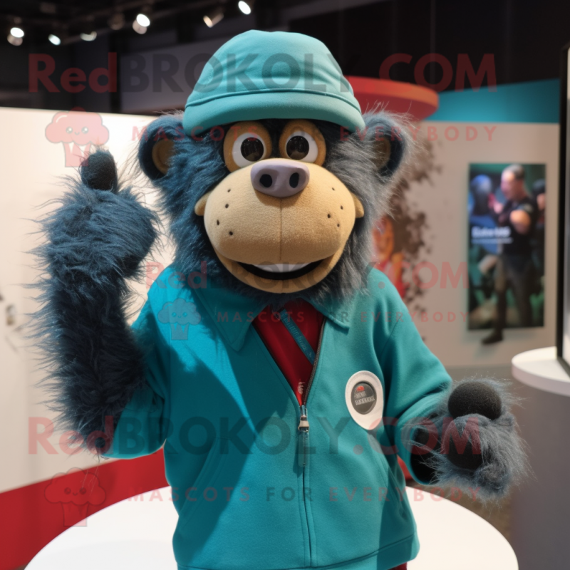 Turquoise Baboon mascot costume character dressed with a Henley Shirt and Beanies