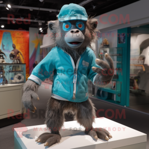 Turquoise Baboon mascot costume character dressed with a Henley Shirt and Beanies