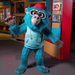Turquoise Baboon mascot costume character dressed with a Henley Shirt and Beanies