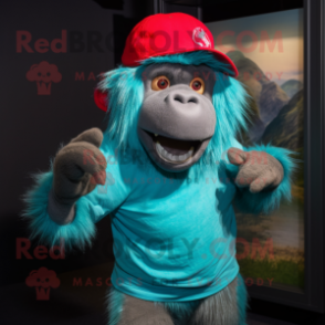 Turquoise Baboon mascot costume character dressed with a Henley Shirt and Beanies