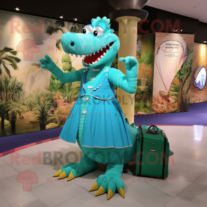 Turquoise Crocodile mascot costume character dressed with a Maxi Skirt and Handbags