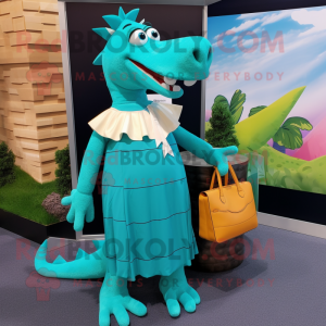 Turquoise Crocodile mascot costume character dressed with a Maxi Skirt and Handbags