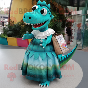 Turquoise Crocodile mascot costume character dressed with a Maxi Skirt and Handbags