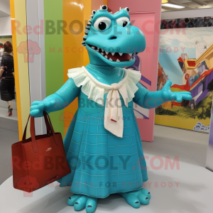 Turquoise Crocodile mascot costume character dressed with a Maxi Skirt and Handbags