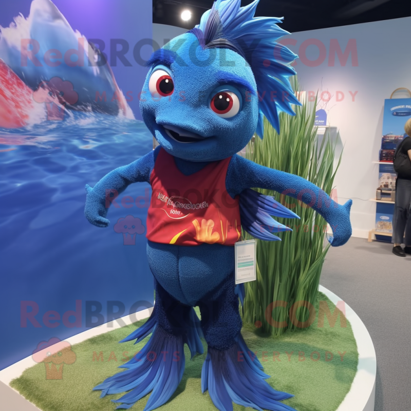 Navy Betta Fish mascot costume character dressed with a Tank Top and Bracelets Navy Betta Fish mascot costume character dressed with a Tank Top and Bracelets