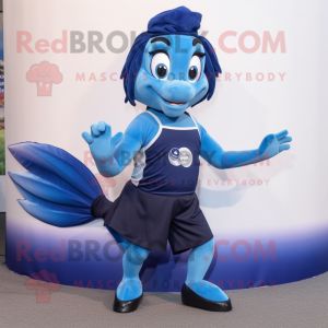 Navy Betta Fish mascot costume character dressed with a Tank Top and Bracelets