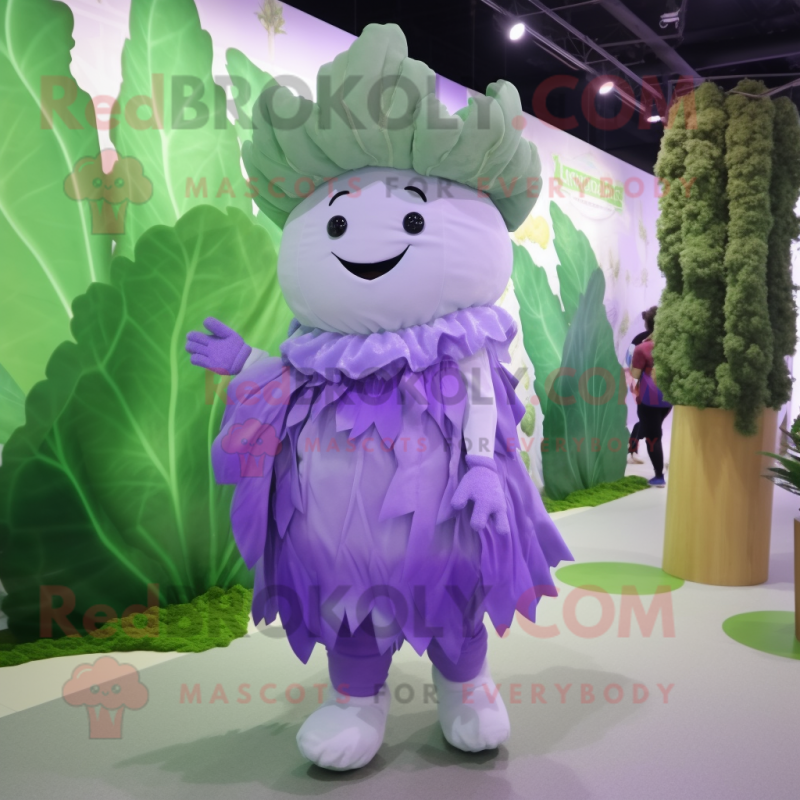 Lavender Cabbage Leaf mascot costume character dressed with a Overalls and Necklaces Lavender Cabbage Leaf mascot costume character dressed with a Overalls and Necklaces