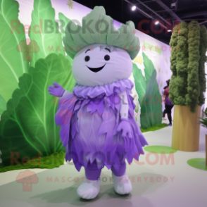Lavender Cabbage Leaf mascot costume character dressed with a Overalls and Necklaces
