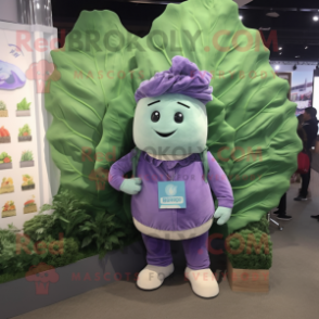 Lavender Cabbage Leaf mascot costume character dressed with a Overalls and Necklaces