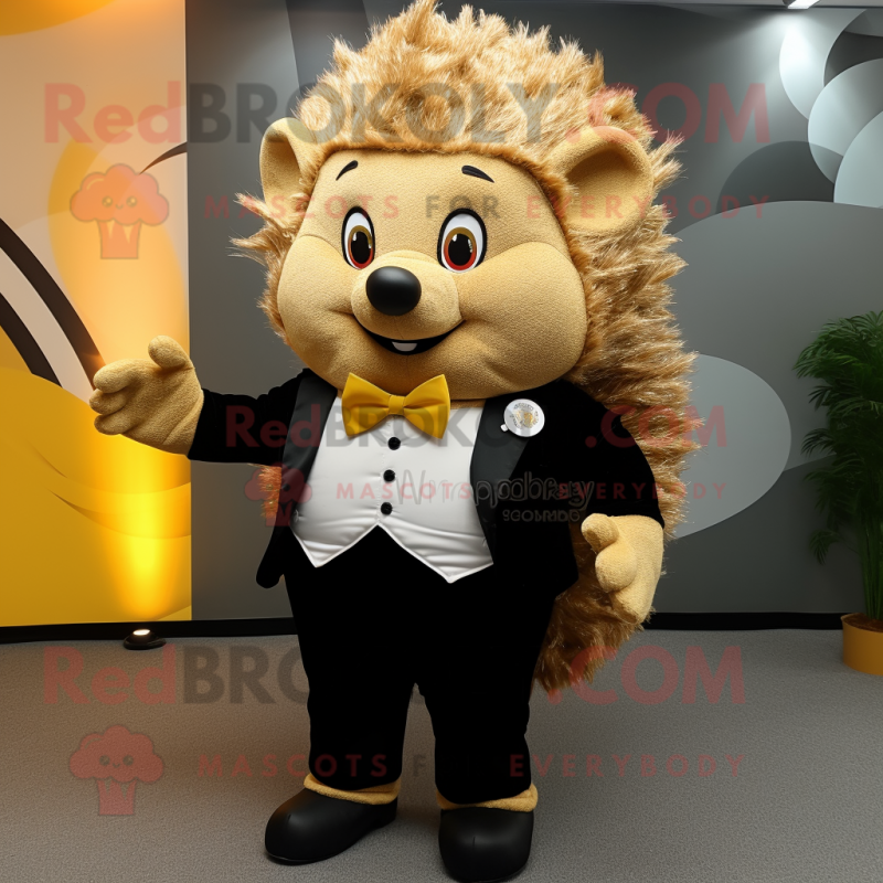 Gold Hedgehog mascot costume character dressed with a Trousers and Bow ties