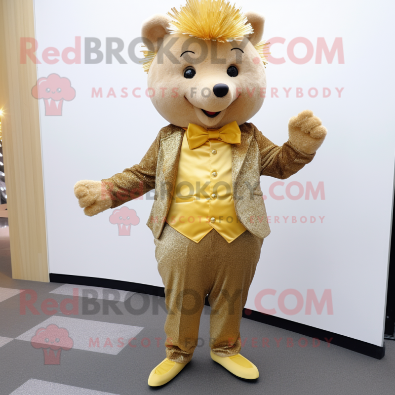 Gold Hedgehog mascot costume character dressed with a Trousers and Bow ties