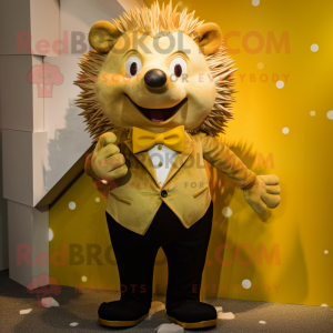 Gold Hedgehog mascot costume character dressed with a Trousers and Bow ties