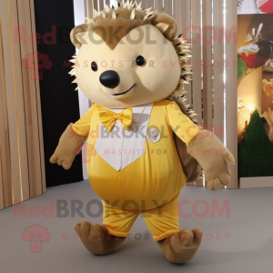 Gold Hedgehog mascot costume character dressed with a Trousers and Bow ties