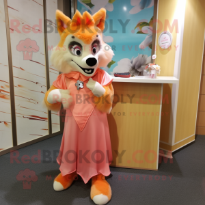 Peach Wolf mascot costume character dressed with a Empire Waist Dress and Shoe clips