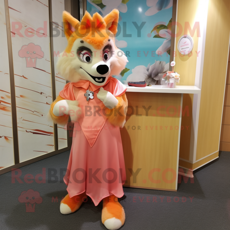 Peach Wolf mascot costume character dressed with a Empire Waist Dress and Shoe clips