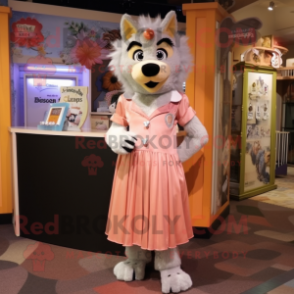 Peach Wolf mascot costume character dressed with a Empire Waist Dress and Shoe clips