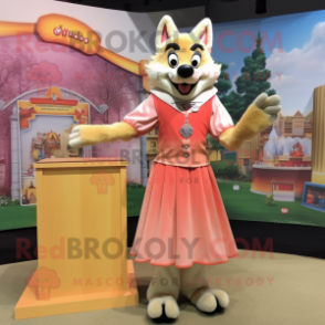 Peach Wolf mascot costume character dressed with a Empire Waist Dress and Shoe clips