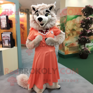 Peach Wolf mascot costume character dressed with a Empire Waist Dress and Shoe clips