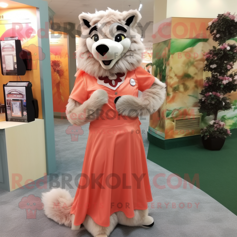 Peach Wolf mascot costume character dressed with a Empire Waist Dress and Shoe clips Peach Wolf mascot costume character dressed with a Empire Waist Dress and Shoe clips