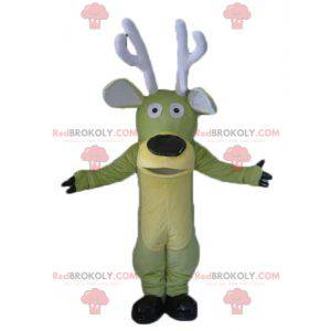 Green and yellow elk reindeer mascot with large antlers -