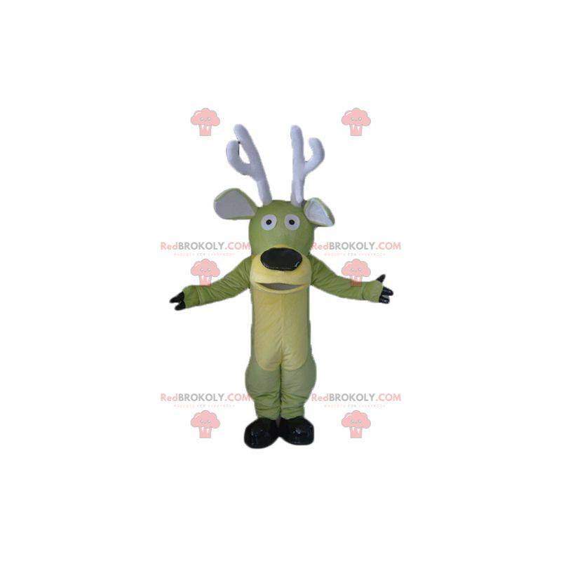 Green and yellow elk reindeer mascot with large antlers -