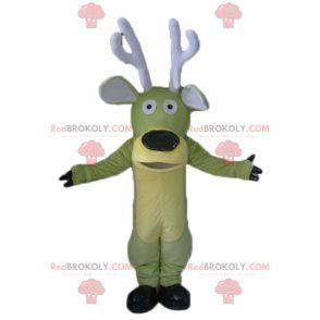 Green and yellow elk reindeer mascot with large antlers -